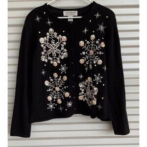 Heirloom Collectibles Women's Cardigan Sweater 2004 Size L Black Snowflake